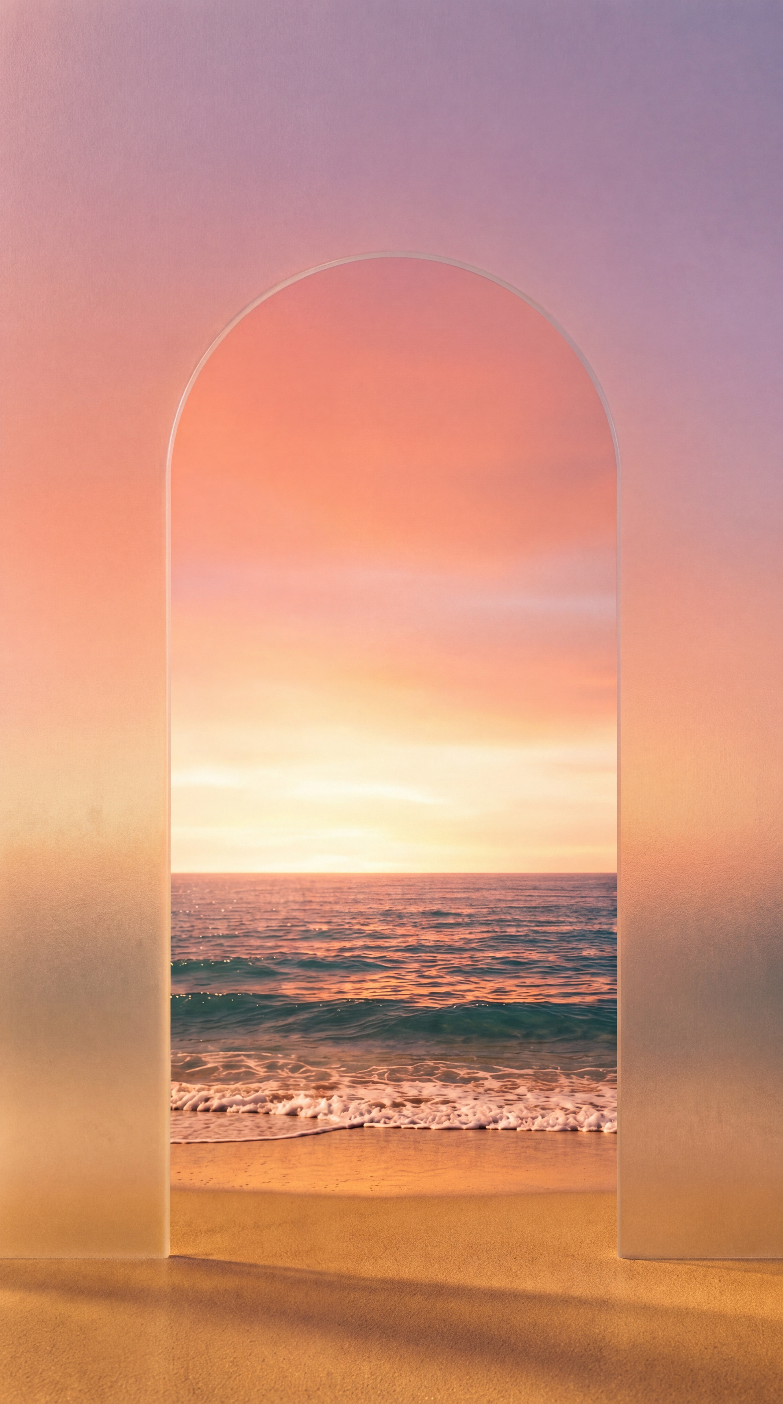 Malibu beach through a frosted glass arch